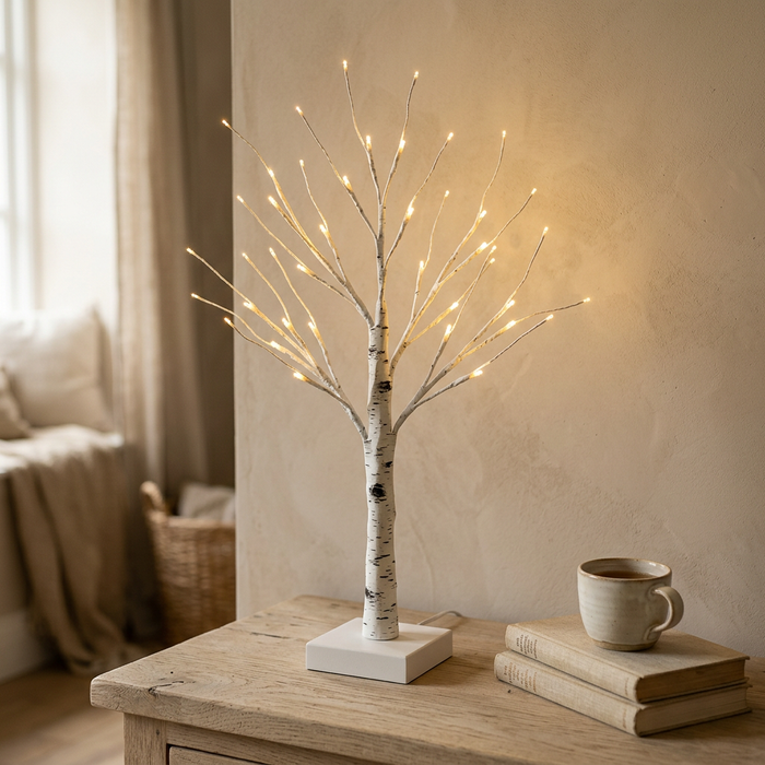 Birch Tree Lamp, 24 LEDs, soft glow on an oak sideboard